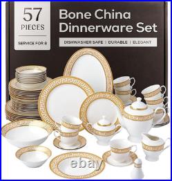 57Pc Bone China Dinnerware Set Gold Greek Key Service for 8 Plates Bowls Cups