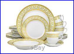 57 Piece Euro Porcelain Gold Greek Key Bone China Dinner Dish Set for 8 White