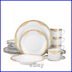 57 Piece Euro Porcelain Gold Scroll Bone China Dinner Dish Set for 8 White