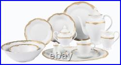 57 Piece Porcelain Dinnerware Set Gold Trim, Wavy Edge Service for 8 Person