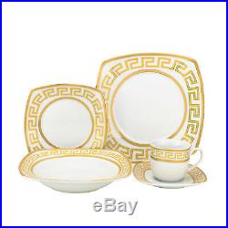 57 Piece Square Gold Greek Key Bone China Dinner Serving Dish Set for 8 White