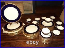 61 pc. Set ROYAL CAULDON Porcelain China BLUE band gold rim Dinnerware mint
