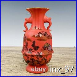 6.8 China Antique Porcelain Song RuKiln mark Red glaze Gilt gold Binaural vase