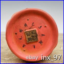 6.8 China Antique Porcelain Song RuKiln mark Red glaze Gilt gold Binaural vase