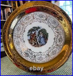 6 Crookville China Warranted 22kt gold rimmed salad plates 18th century couple