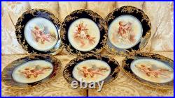 6 Pc JP Limoges Cobalt Gold Encrusted 8.5 Cherub Heavenly Angels Dessert Plates
