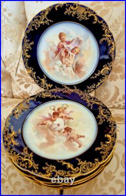 6 Pc JP Limoges Cobalt Gold Encrusted 8.5 Cherub Heavenly Angels Dessert Plates