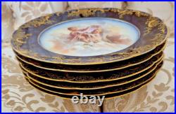 6 Pc JP Limoges Cobalt Gold Encrusted 8.5 Cherub Heavenly Angels Dessert Plates