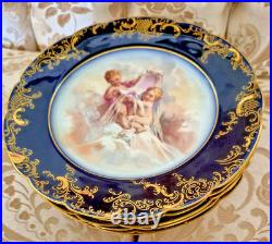6 Pc JP Limoges Cobalt Gold Encrusted 8.5 Cherub Heavenly Angels Dessert Plates