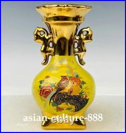 7 China Dynasty ru kiln Porcelain Pottery Gold Painted Bird Flower Bottle Vase