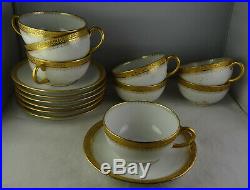 7 Pouyat Gold & White Limoges Porcelain China Large Flat Cup & Saucer Sets