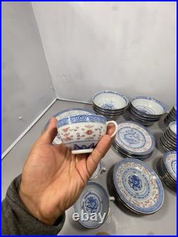 82 Pc Vintage Chinese Rice Grain Porcelain Dragon Dinnerware Set Blue Gold