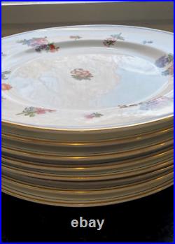 8 Minton English Dinner Plates Dresden Floral Blue Band w Gilt Gold Rim 10 inch