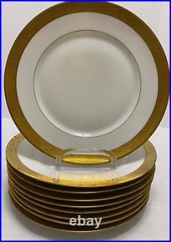 9 Antique Limoges DINNER PLATES Jean Boyer 9.5 Gold Encrusted Scrolls c1920 Exc