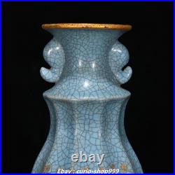 9'' Song Dynasty Guan Kiln Porcelain Gilt Inscription Double Ears Bottle Vase 9'' Song Dynasty Guan Kiln Porcelain Gilt Inscription Double Ears Bottle Vase