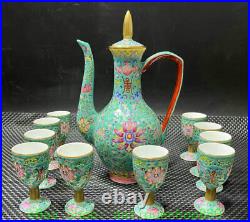 9'' Yongzheng Green Glaze Enamel Colour Porcelain Gold Wine Pot Flagon Cup Set 9'' Yongzheng Green Glaze Enamel Colour Porcelain Gold Wine Pot Flagon Cup Set