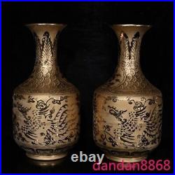 9old China dynasty Gold glazed porcelain Phoenix bird Cup Bottle Pot Vase pair