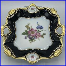 AK KAISER Royal Blue 22 KT Gold Floral Plate 8 Square Porcelain China Germany