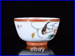 A Pair Chinese Famille Rose Gilded Porcelain Hand Painted Flower and Bird Cups
