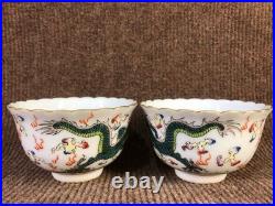 A Pair Chinese Gilded Pastel Porcelain Hand Painted Dragon Pattern Bowls 8438
