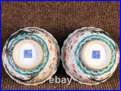 A Pair Chinese Gilded Pastel Porcelain Hand Painted Dragon Pattern Bowls 8438