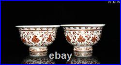 A pair old China Ming Dynasty Glazed red Tracing gold Twig twig Lion pattern cup