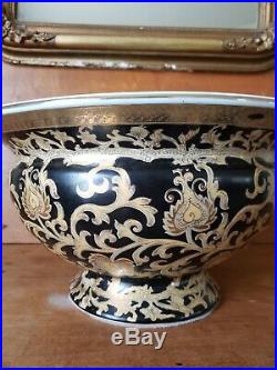 Amita Porcelain Pedestal Bowl, Black & Gold Scroll Pattern