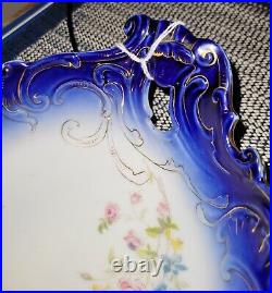 Antique 1900s Carlsbad Floral Vein, Cobalt Blue/Gold Dresser Tray
