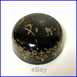 Antique 19th C Chinese Porcelain Gold Gilt Black Mirror Porcelain Ginger Jar Lid