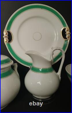 Antique 5 Pieces Set Of Gilded Porcelain With Turquoise Green Rim