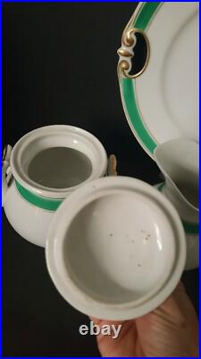 Antique 5 Pieces Set Of Gilded Porcelain With Turquoise Green Rim