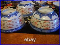 Antique Asian 4 Translucent Rice Bowls & Spoons-Blue/White/Orange &Gold Patterns