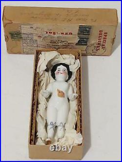 Antique China Frozen Charlotte Doll, Gold Slippers Blue Garters