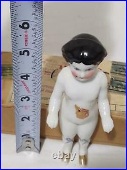 Antique China Frozen Charlotte Doll, Gold Slippers Blue Garters