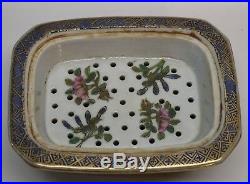 Antique Chinese Export Porcelain SOAP DISH with Strainer with Flowers and Gold