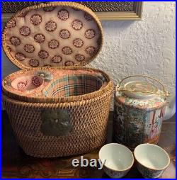 Antique Chinese Famille Green Gilded Teapot and Teacup Cup with Basket 19th C