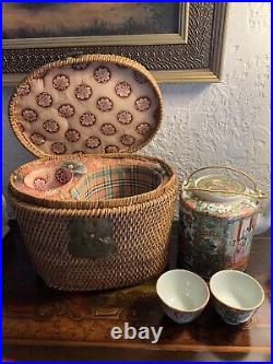 Antique Chinese Famille Green Gilded Teapot and Teacup Cup with Basket 19th C