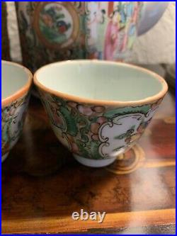 Antique Chinese Famille Green Gilded Teapot and Teacup Cup with Basket 19th C