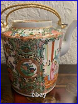 Antique Chinese Famille Green Gilded Teapot and Teacup Cup with Basket 19th C