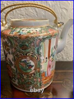 Antique Chinese Famille Green Gilded Teapot and Teacup Cup with Basket 19th C