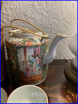 Antique Chinese Famille Green Gilded Teapot and Teacup Cup with Basket 19th C