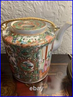 Antique Chinese Famille Green Gilded Teapot and Teacup Cup with Basket 19th C