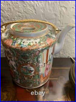 Antique Chinese Famille Green Gilded Teapot and Teacup Cup with Basket 19th C