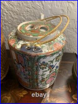 Antique Chinese Famille Green Gilded Teapot and Teacup Cup with Basket 19th C