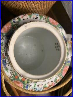 Antique Chinese Famille Green Gilded Teapot and Teacup Cup with Basket 19th C