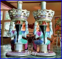 Antique Chinese Import Candlesticks Joss Holders Delightful Porcelain Figurines