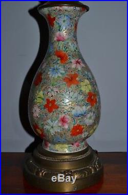 Antique Chinese Millefleurs Gold-Ground Famille Rose Porcelain Vase Lamp