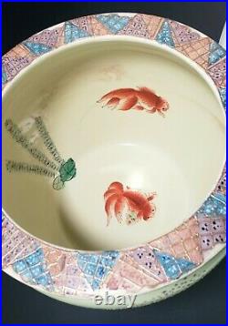 Antique Chinese Oriental Pottery Porcelain Koi Fish Bowl Planter Pot Gold Trim