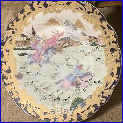 Antique Chinese Plate Charger Hand Painted Enamel Cobalt Blue Gild Gold Fox Hunt