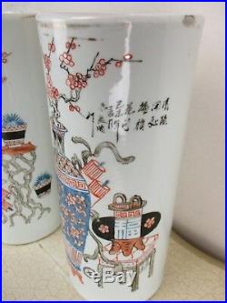 Antique Chinese Porcelain Republic Cylinder Vases Hat Stand Gold Trim
